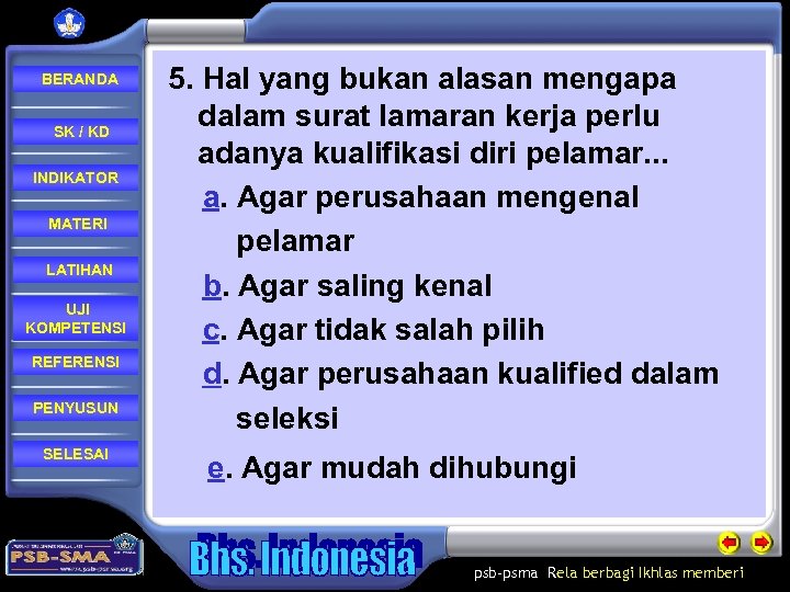  BERANDA SK / KD INDIKATOR MATERI LATIHAN UJI KOMPETENSI REFERENSI PENYUSUN SELESAI 5.