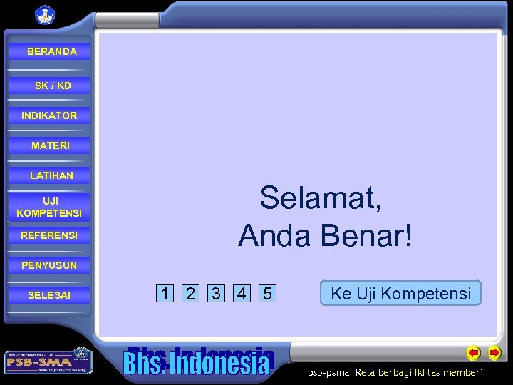  BERANDA SK / KD INDIKATOR MATERI LATIHAN UJI KOMPETENSI REFERENSI Selamat, Anda Benar!