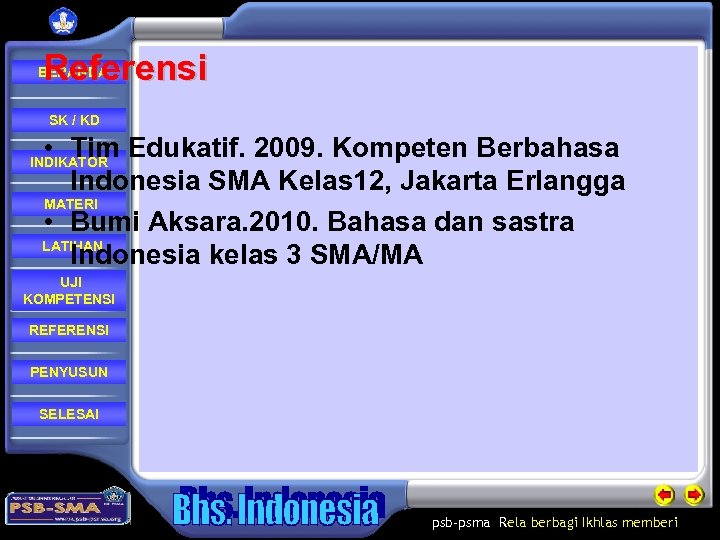 Referensi BERANDA SK / KD • Tim Edukatif. 2009. Kompeten Berbahasa Indonesia SMA Kelas