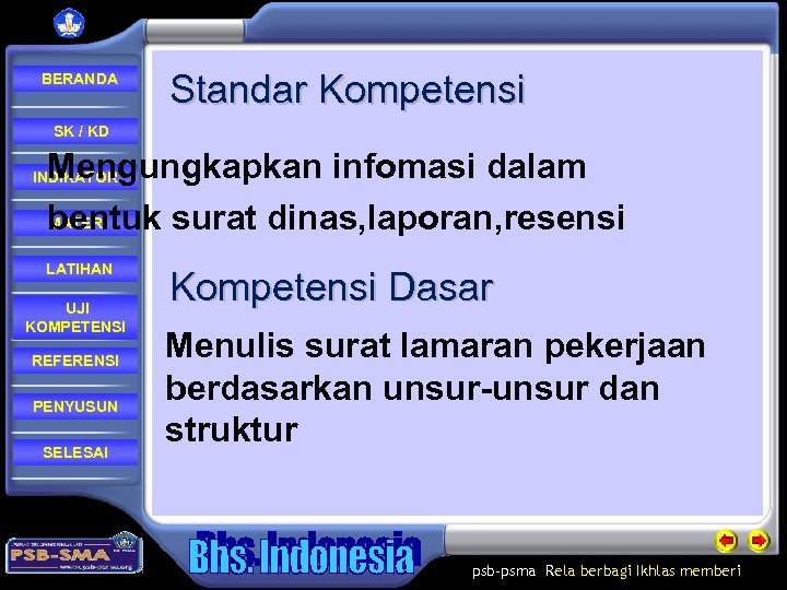  BERANDA Standar Kompetensi SK / KD Mengungkapkan infomasi dalam MATERI bentuk surat dinas,