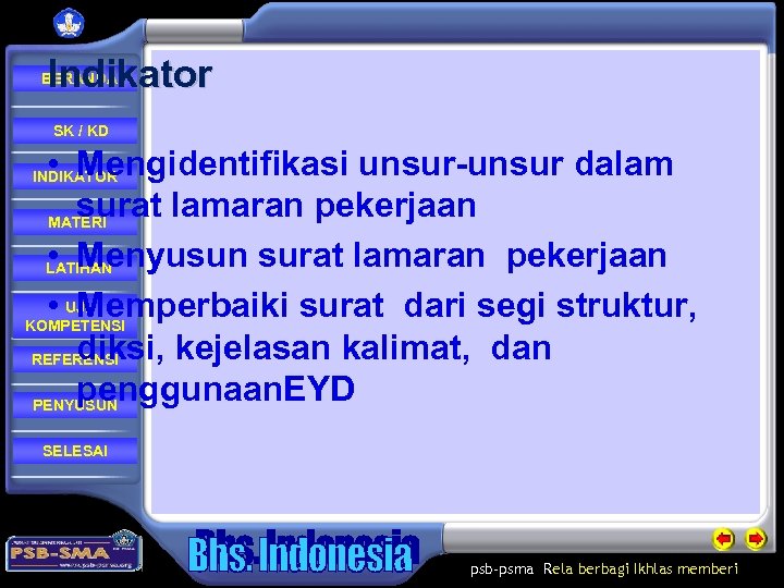 Indikator BERANDA SK / KD • Mengidentifikasi unsur-unsur dalam surat lamaran pekerjaan MATERI •