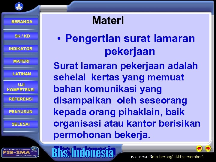  BERANDA SK / KD INDIKATOR MATERI LATIHAN UJI KOMPETENSI REFERENSI PENYUSUN SELESAI Materi