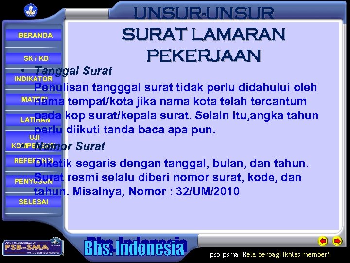  BERANDA SK / KD UNSUR-UNSUR SURAT LAMARAN PEKERJAAN • Tanggal Surat Penulisan tangggal