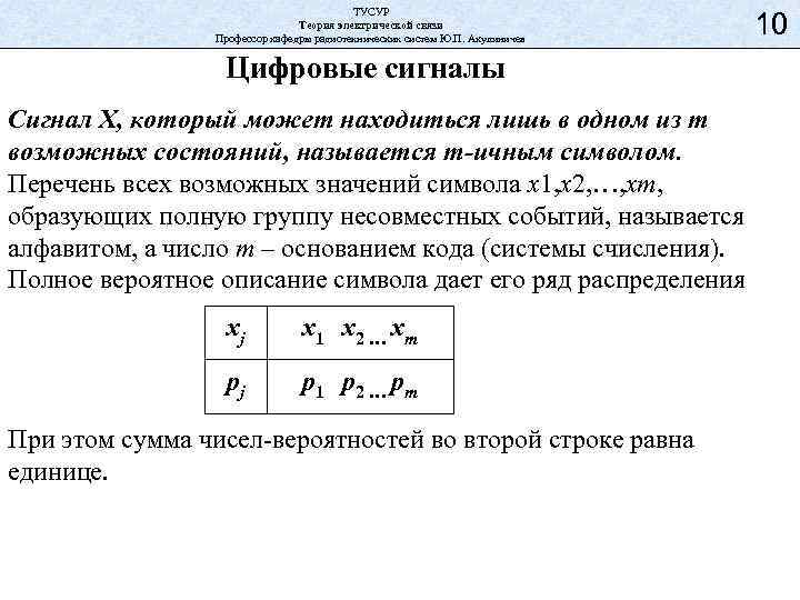 ТУСУР Теория электрической связи Профессор кафедры радиотехнических систем Ю. П. Акулиничев Цифровые сигналы Сигнал