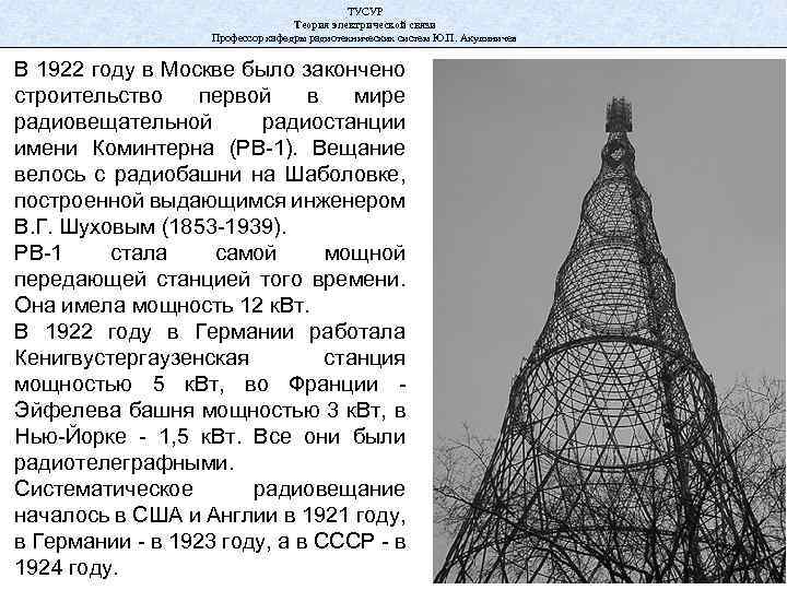 ТУСУР Теория электрической связи Профессор кафедры радиотехнических систем Ю. П. Акулиничев В 1922 году