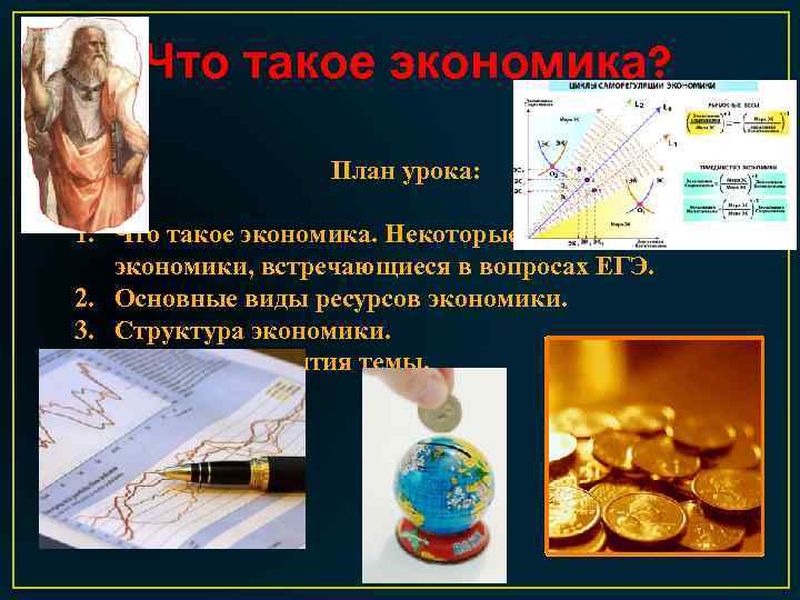 Что такое экономика? План урока: 1. Что такое экономика. Некоторые понятия экономики, встречающиеся в