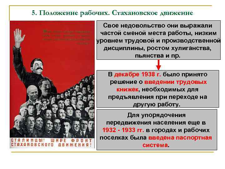 5. Положение рабочих. Стахановское движение Свое недовольство они выражали частой сменой места работы, низким