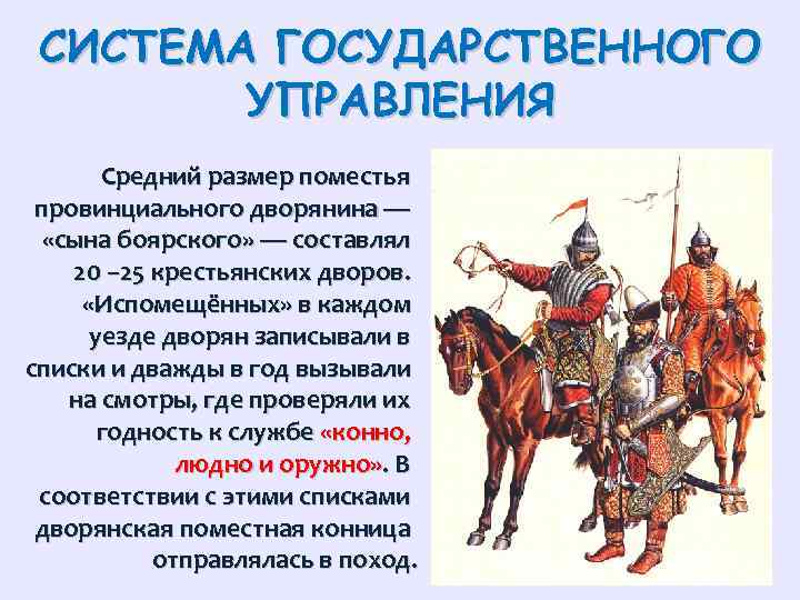 СИСТЕМА ГОСУДАРСТВЕННОГО УПРАВЛЕНИЯ Средний размер поместья провинциального дворянина — «сына боярского» — составлял 20