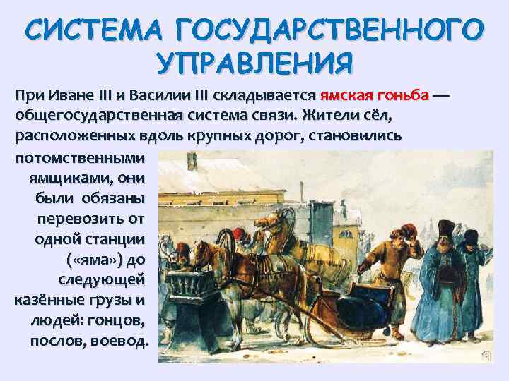 СИСТЕМА ГОСУДАРСТВЕННОГО УПРАВЛЕНИЯ При Иване III и Василии III складывается ямская гоньба — общегосударственная