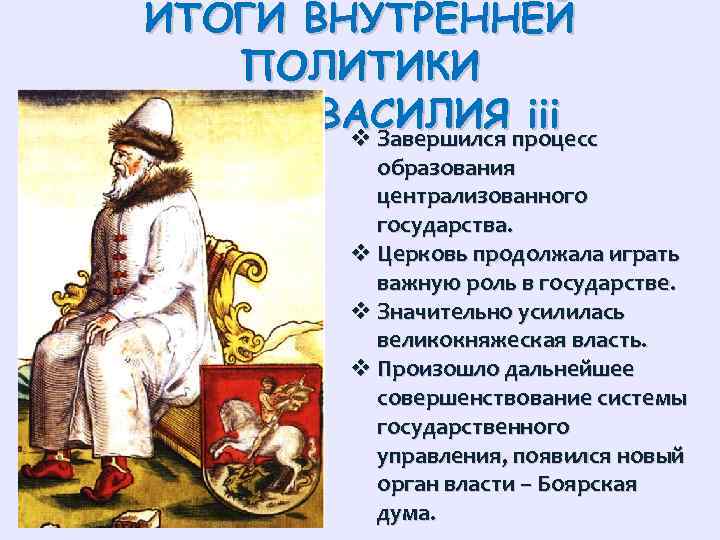 ИТОГИ ВНУТРЕННЕЙ ПОЛИТИКИ ВАСИЛИЯ процесс iii v Завершился образования централизованного государства. v Церковь продолжала