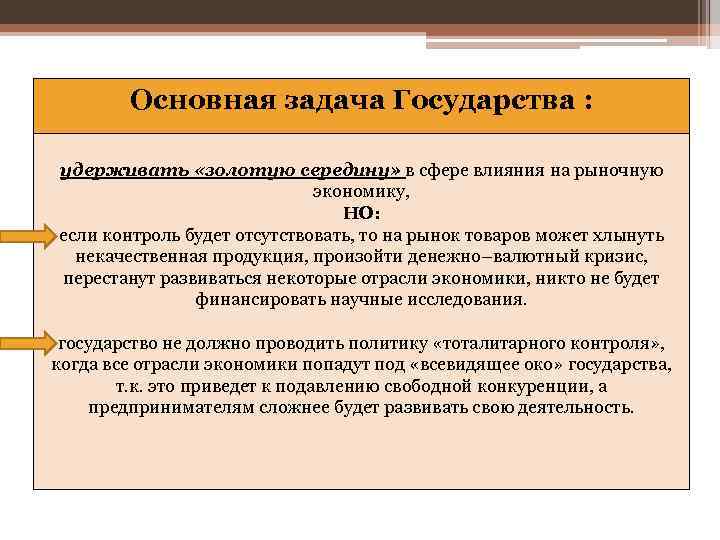 Основная задача Государства : удерживать «золотую середину» в сфере влияния на рыночную экономику, НО: