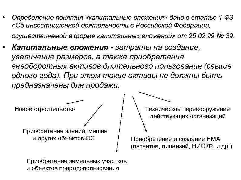  • Определение понятия «капитальные вложения» дано в статье 1 ФЗ «Об инвестиционной деятельности