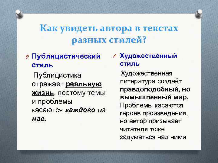 Как увидеть автора в текстах разных стилей? O Публицистический стиль Публицистика отражает реальную жизнь,