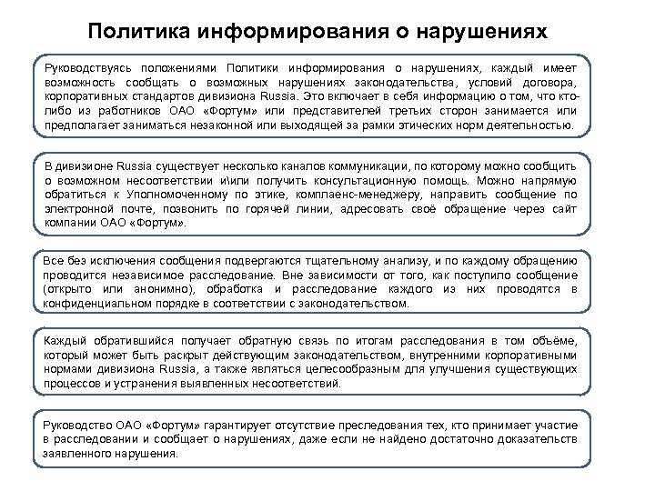 Политика информирования о нарушениях Руководствуясь положениями Политики информирования о нарушениях, каждый имеет возможность сообщать