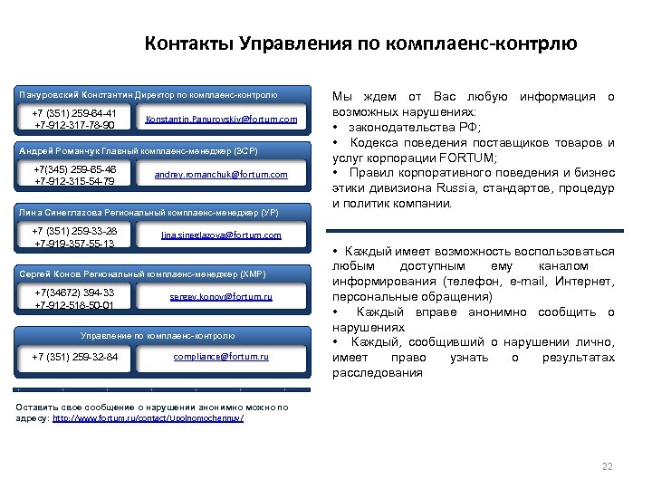 Контакты Управления по комплаенс-контрлю Пануровский Константин Директор по комплаенс-контролю +7 (351) 259 -64 -41