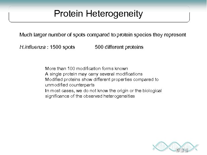 Protein Heterogeneity Much larger number of spots compared to protein species they represent H.