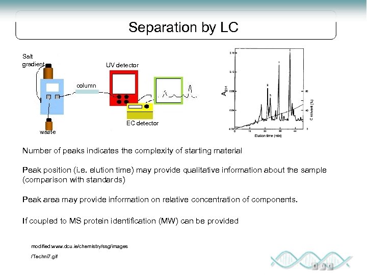 Separation by LC Salt gradient UV detector column EC detector waste Number of peaks