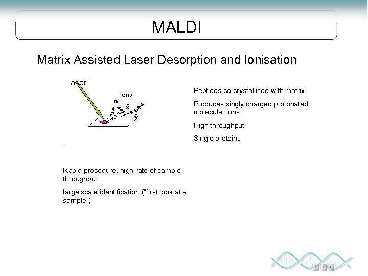 MALDI Matrix Assisted Laser Desorption and Ionisation laser Peptides co-crystallised with matrix ions +