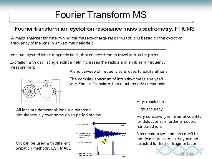 Fourier Transform MS Fourier transform ion cyclotron resonance mass spectrometry, FTICMS A mass analyzer