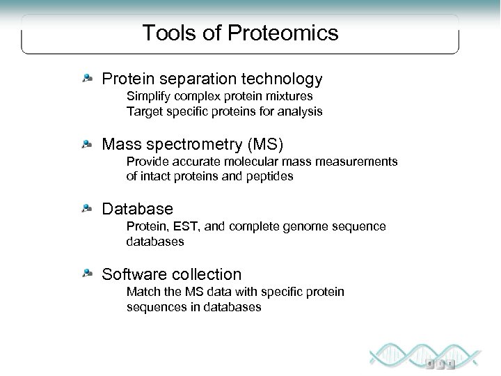 Tools of Proteomics Protein separation technology Simplify complex protein mixtures Target specific proteins for