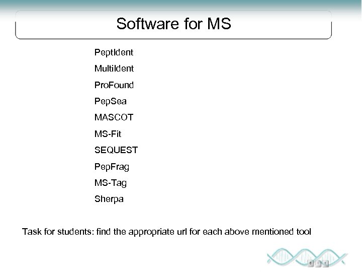 Software for MS Pept. Ident Multi. Ident Pro. Found Pep. Sea MASCOT MS-Fit SEQUEST