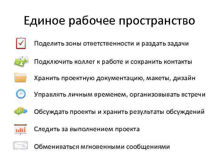 Единое рабочее пространство Поделить зоны ответственности и раздать задачи Подключить коллег к работе и