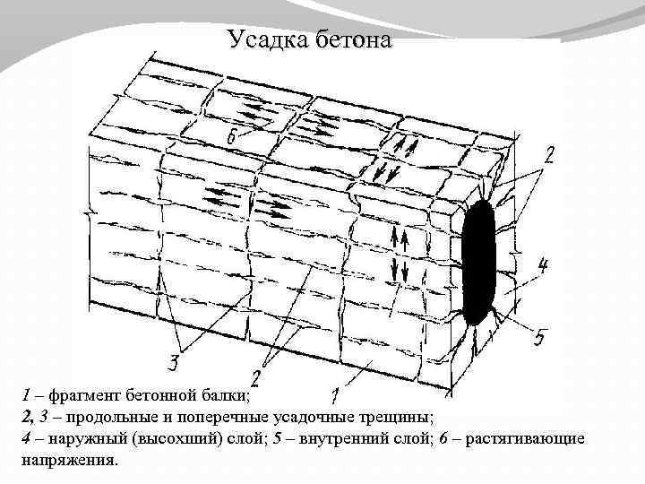 Усадка бетона Усадка 1 – фрагмент бетонной балки; 2, 3 – продольные и поперечные