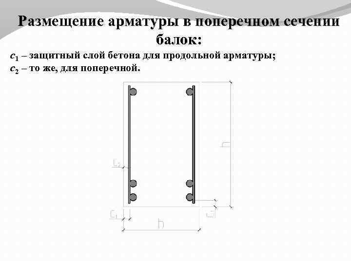 Размещение арматуры в поперечном сечении балок: с1 – защитный слой бетона для продольной арматуры;