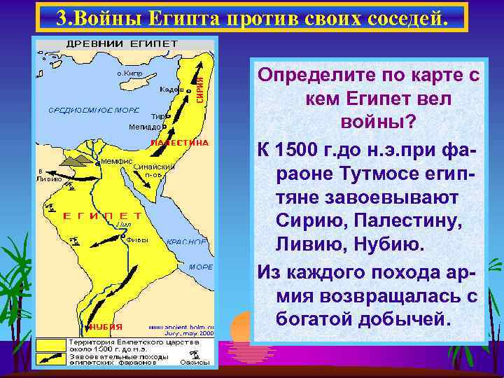 3. Войны Египта против своих соседей. Определите по карте с кем Египет вел войны?