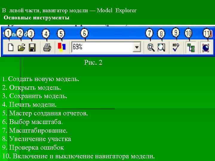 В левой части, навигатор модели — Model Explorer Основные инструменты Рис. 2 1. Создать