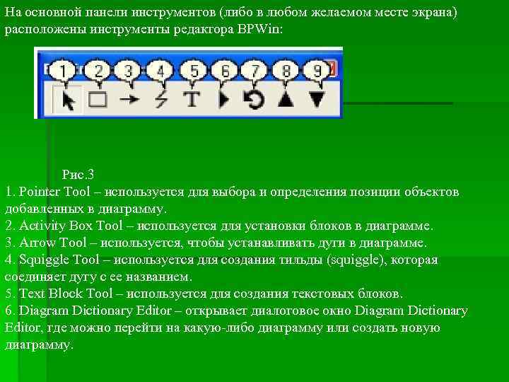 На основной панели инструментов (либо в любом желаемом месте экрана) расположены инструменты редактора BPWin: