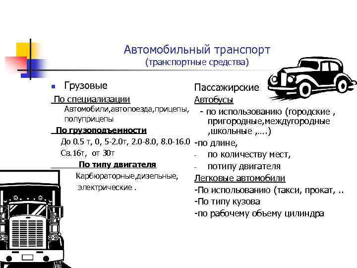 Автомобильный транспорт (транспортные средства) Грузовые По специализации Пассажирские Автобусы Автомобили, автопоезда, прицепы, - по
