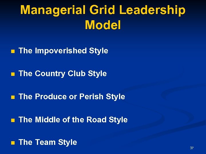 Managerial Grid Leadership Model n The Impoverished Style n The Country Club Style n