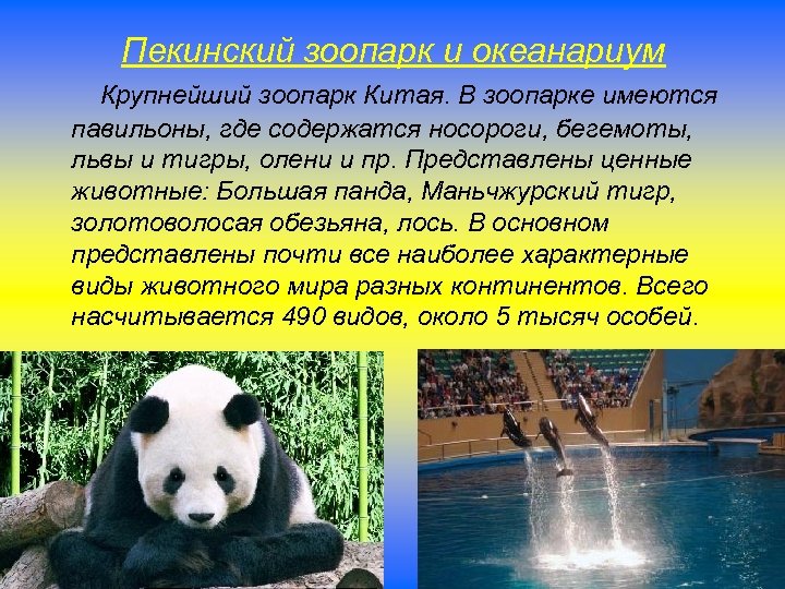 Пекинский зоопарк и океанариум Крупнейший зоопарк Китая. В зоопарке имеются павильоны, где содержатся носороги,