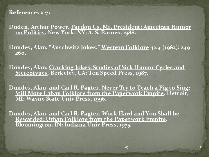 References # 7: Duden, Arthur Power. Pardon Us, Mr. President: American Humor on Politics.