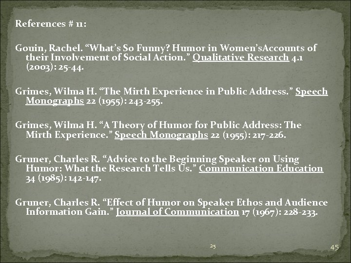 References # 11: Gouin, Rachel. “What’s So Funny? Humor in Women’s. Accounts of their