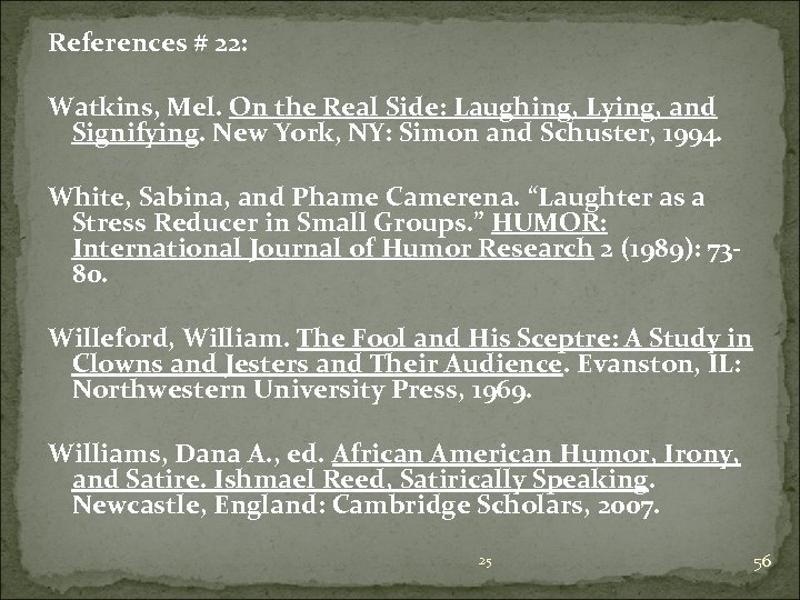 References # 22: Watkins, Mel. On the Real Side: Laughing, Lying, and Signifying. New