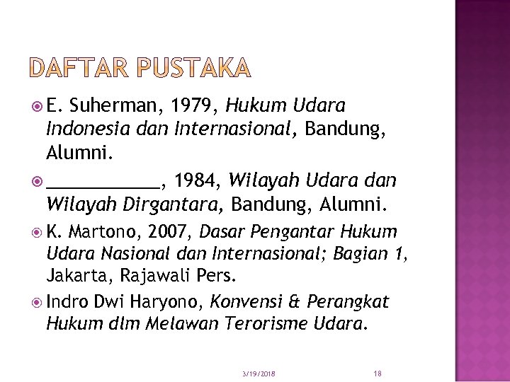  E. Suherman, 1979, Hukum Udara Indonesia dan Internasional, Bandung, Alumni. ______, 1984, Wilayah