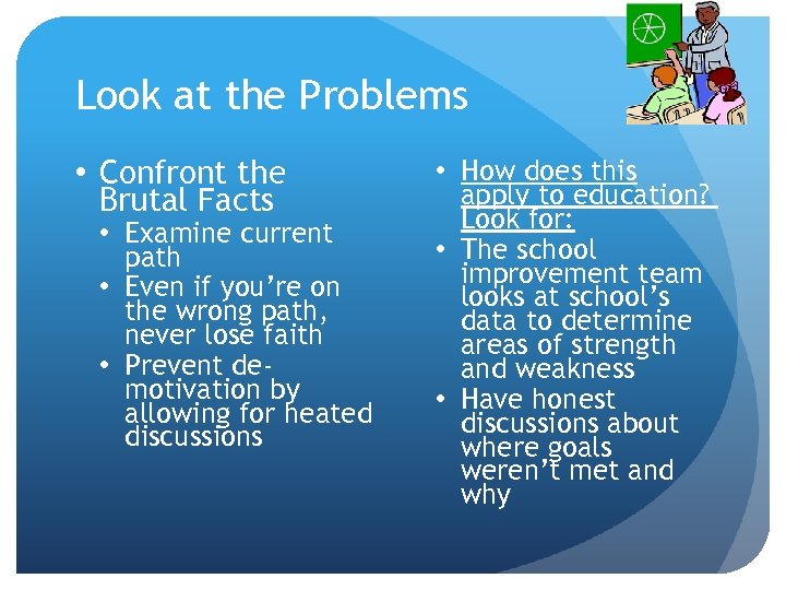 Look at the Problems • Confront the Brutal Facts • Examine current path •