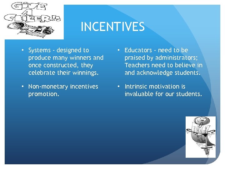 INCENTIVES • Systems - designed to produce many winners and once constructed, they celebrate