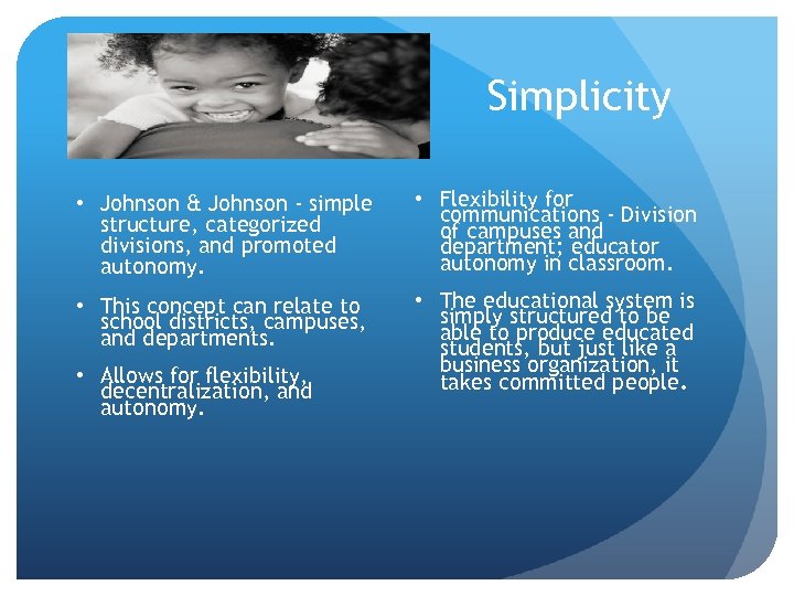 Simplicity • Johnson & Johnson - simple structure, categorized divisions, and promoted autonomy. •