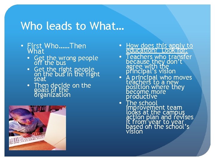 Who leads to What… • First Who……Then What • Get the wrong people off