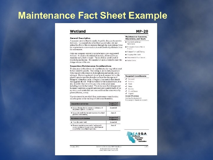 Maintenance Fact Sheet Example 