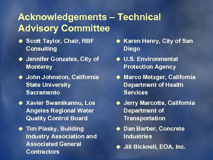 Acknowledgements – Technical Advisory Committee u Scott Taylor, Chair, RBF Consulting u Jennifer Gonzales,