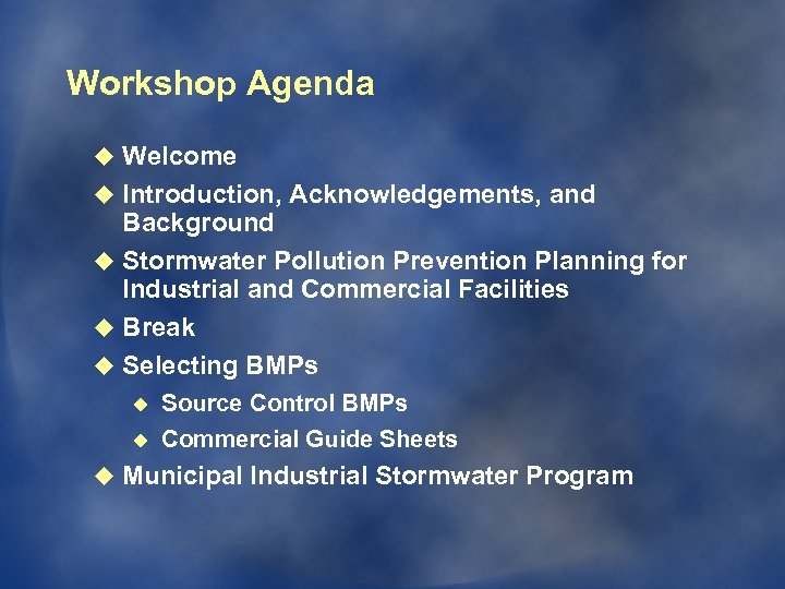 Workshop Agenda u Welcome u Introduction, Acknowledgements, and Background u Stormwater Pollution Prevention Planning
