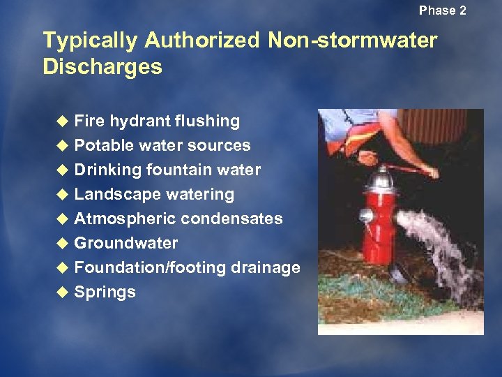 Phase 2 Typically Authorized Non-stormwater Discharges u Fire hydrant flushing u Potable water sources