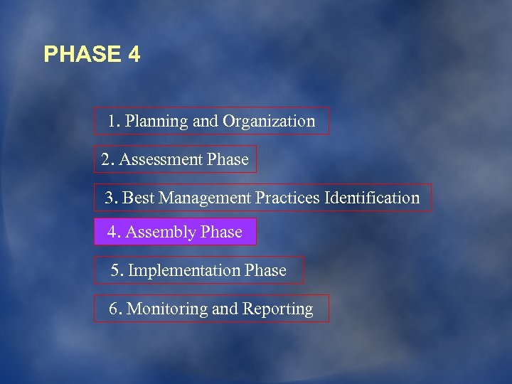 PHASE 4 1. Planning and Organization 2. Assessment Phase 3. Best Management Practices Identification