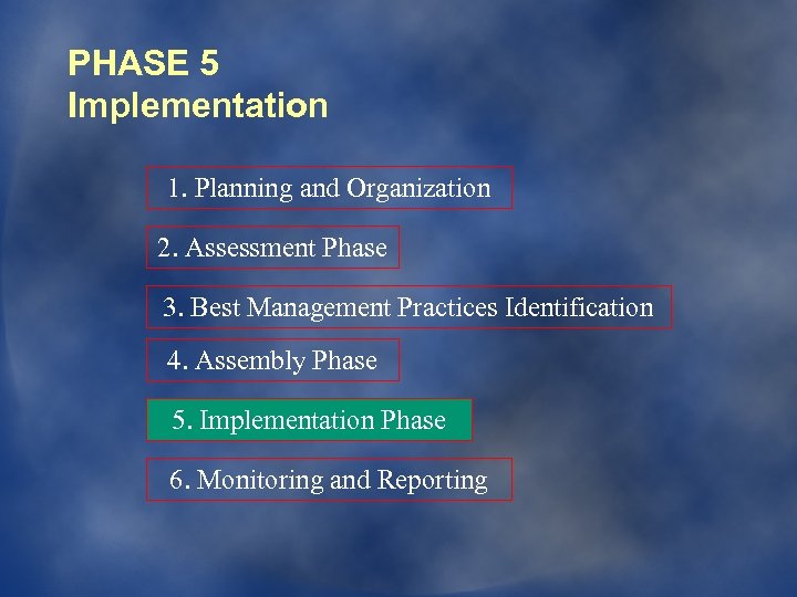 PHASE 5 Implementation 1. Planning and Organization 2. Assessment Phase 3. Best Management Practices