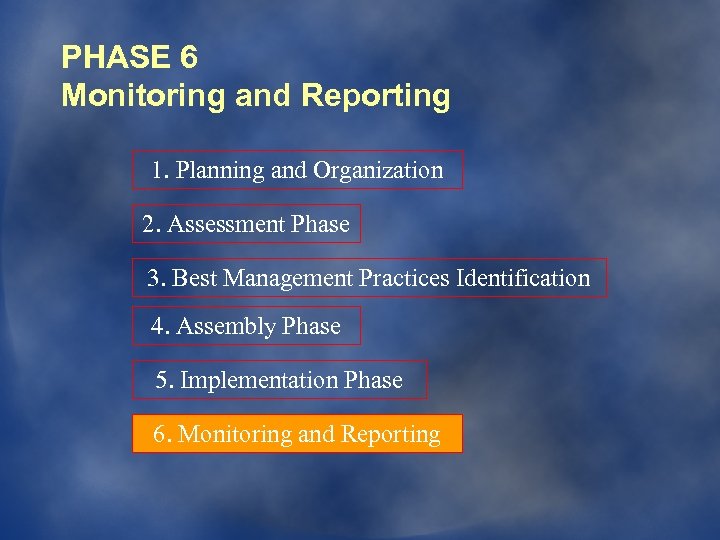 PHASE 6 Monitoring and Reporting 1. Planning and Organization 2. Assessment Phase 3. Best