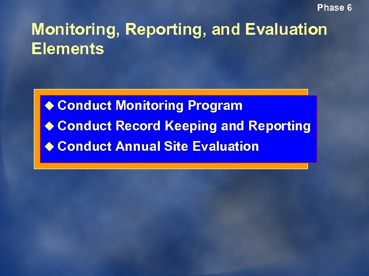 Phase 6 Monitoring, Reporting, and Evaluation Elements u Conduct Monitoring Program u Conduct Record